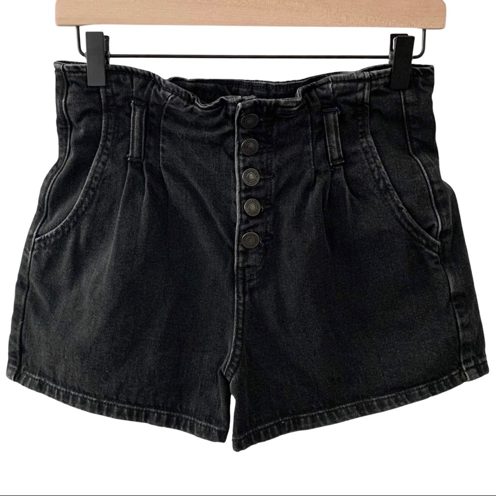AE Paperbag Hi-Rise Black Denim Button Mom Shorts - Picture 2 of 12